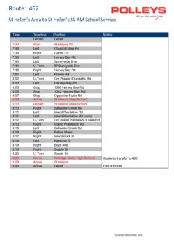 Route 462 – St Helen’s Area to St Helen’s State School Morning School Service