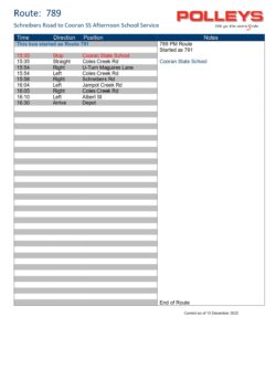 Route 789 – Schreibers Road to Cooran State School Morning School Service