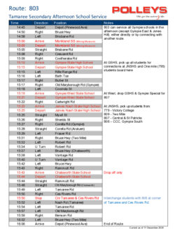 Route 803 – Tamaree Secondary Afternoon School Service