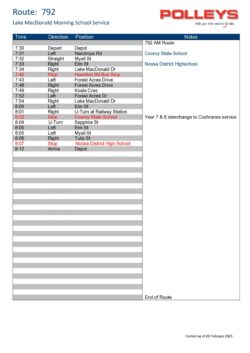 Route 792 – Lake MacDonald Morning School Service