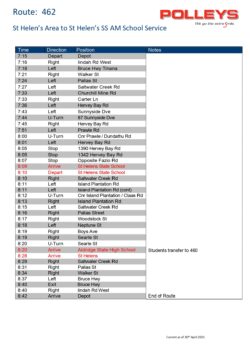 Route 462 – St Helen’s Area to St Helen’s State School Morning School Service