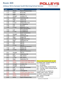 Route 809 – Jimbour Rd to Gympie South Morning School Service